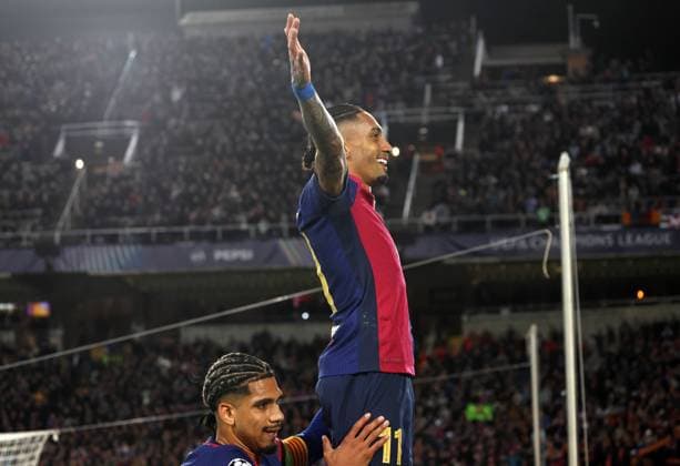 FC Barcelona, Barca v SL Benfica - UEFA Champions League 2024 25 Round of 16 Second Leg Raphinha Dias celebrates a goal during the match between FC Barcelona and SL Benfica, corresponding to the second leg of the round of 16 of the UEFA Champions League, at the Lluis Companys Stadium in Barcelona, Spain, on March 11, 2025. Barcelona Barcelona Spain  Copyright: xUrbanandsportx originalFilename:urbanandsport-fcbarcel250311_npX5X.jpg