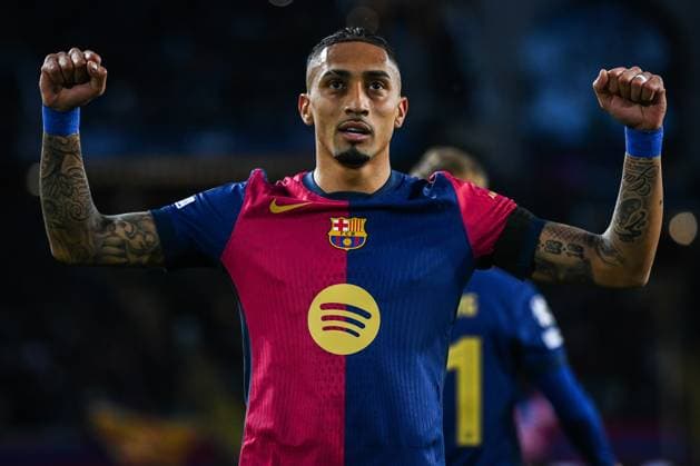 March 11, 2025, Barcelona, Spain, Spain: RAPHAEL DIAS BELLOLI (Raphinha) of Barcelona celebrates his goal during the UEFA Champions League match between FC Barcelona, Barca and SL Benfica at Estadi Olimpic Lluis Companys. Barcelona won 3:1. Barcelona Spain - ZUMAm308 20250311_zsp_m308_002 Copyright: xMatthieuxMirvillex