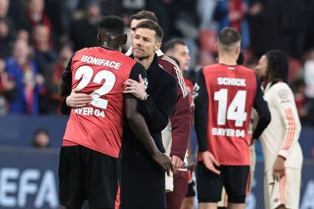 Head coach Xabi Alonso Bayer 04 Leverkusen and Victor Boniface Bayer 04 Leverkusen after the round of 16 second leg of the UEFA Champions League 2024 season 25 Bayer Leverkusen FC Bayern Munich Copyright Thomas Pakusch Copyright: Thomas Pakusch