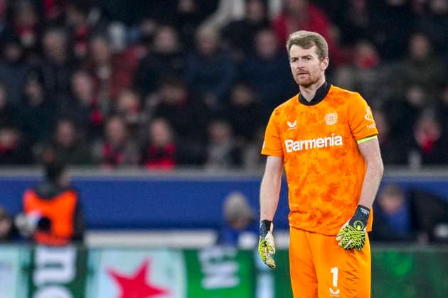 LEVERKUSEN, GERMANY - MARCH 11: Bayer 04 Leverkusen goalkeeper Lukas Hradecky looks on during the UEFA Champions League 2024 25 UEFA Champions League 2024 25 Round of 16 second leg match between Bayer 04 Leverkusen and FC Bayern MÃ¼nchen at the BayArena on March 11, 2025 in Leverkusen, Germany. (Photo by Rene Nijhuis) SPO  Copyright: xRenexNijhuis