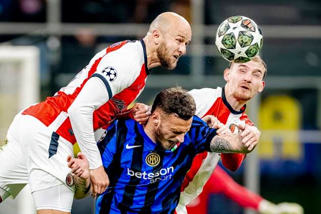 Feyenoord Rotterdam defender Gernot Traner, FC Internazionale Milan forwarder Marko Arnautovic, Feyenoord Rotterdam defender Thomas Beelen during the match Inter Feyenoord at the San Siro Stadium for the UEFA Champions League Round of 16 2st leg season 2024 2025 in MILAN, Italia on 11 march 2025, photo by Marcel van Dorst EYE4images DeFodi Images