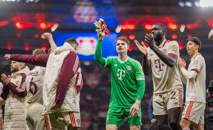 Leverkusen, Germany 11th Mar 2025 Final jubilation Leon Goretzka FCB Jonas Urbig FCB Dayot Upamecano FCB Bayer Leverkusen FC Bayern Munich 11 03 2025