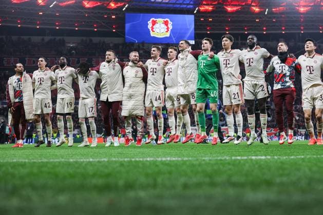 UEFA Champions League Bayer 04 Leverkusen FC Bayern Munich on 11 03 2025 at the BayArena in Leverkusen Cheers and joy about the victory and the progress of the FC Bayern Munich team, here with Jamal Musiala Muenchen 42 , Alphonso Davies Muenchen 19 , Michael Olise Muenchen 17 , Josip Stanisic Muenchen 44 , Leon Goretzka Muenchen 8 , Goalkeeper Jonas Urbig Muenchen 40 , Hiroki Ito Muenchen 21 , Dayot Upamecano Muenchen 2 , Minjae Kim Muenchen 3 MH