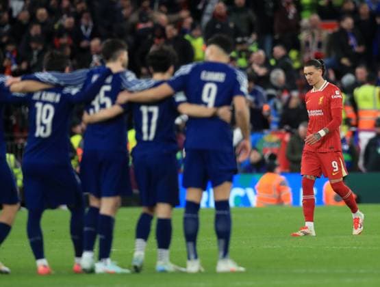 11th March 2025; Anfield, Liverpool, Merseyside, England; Champions League Last 16, Second Leg Football, Liverpool versus Paris Saint Germain; Darwin Nunez of Liverpool looks dejected after seeing his penalty kick saved by Paris Saint Germain goalkeeper Gianluigi Donnarumma during the penalty shoot out  ActionPlus12759063 DavidxBlunsden