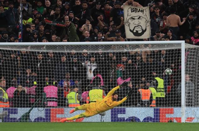 11th March 2025; Anfield, Liverpool, Merseyside, England; Champions League Last 16, Second Leg Football, Liverpool versus Paris Saint Germain; Liverpool goalkeeper Alisson Becker is beaten by the penalty kick of Ousmane Dembele of Paris Saint Germain during the penalty shoot out  ActionPlus12759064 DavidxBlunsden