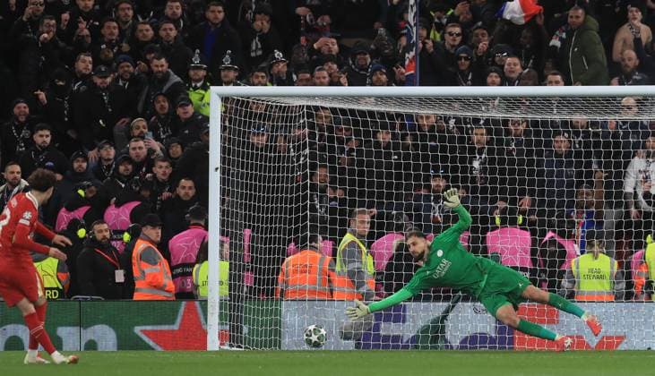 11th March 2025; Anfield, Liverpool, Merseyside, England; Champions League Last 16, Second Leg Football, Liverpool versus Paris Saint Germain; Paris Saint Germain goalkeeper Gianluigi Donnarumma saves the penalty of Curtis Jones of Liverpool during the penalty shoot out  ActionPlus12759065 DavidxBlunsden