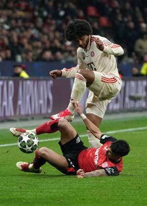 Football, UEFA Champions League 2024 2025,Round of 16 , Round 2 of 2, Bayer 04 Leverkusen FC Bayern München 11 03 2025 Bayarena Leverkusen, Serge Gnabry FC Bayern München Exequiel Palacios Bayer 04 Leverkusen,
