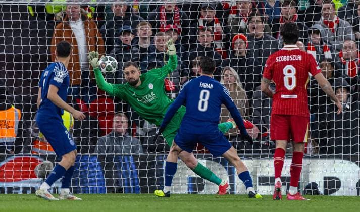 (250312) -- LIVERPOOL, March 12, 2025 -- Paris Saint-Germain s goalkeeper Gianluigi Donnarumma (2nd L) makes a save during the UEFA Champions League Round of 16 2nd Leg match between Liverpool FC and Paris Saint-Germain FC in Liverpool, Britain, on March 11, 2025. (SP)BRITAIN-LIVERPOOL-FOOTBALL-UEFA CHAMPIONS LEAGUE-LIVERPOOL FC VS PSG LixYing 
