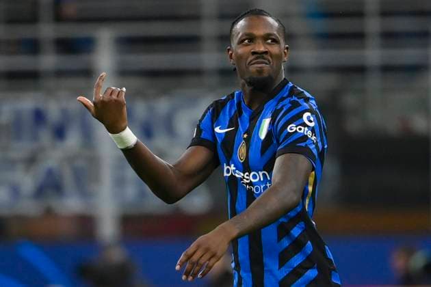 11th March 2025; Stadio San Siro, Milan, Italy, Champions League Football, Last 16, Second Leg, Inter Milan versus Feyenoord; Marcus Thuram of FC Internazionale celebrates his goal for 1-0 in the 8th minute  ActionPlus12759131 BestxImages