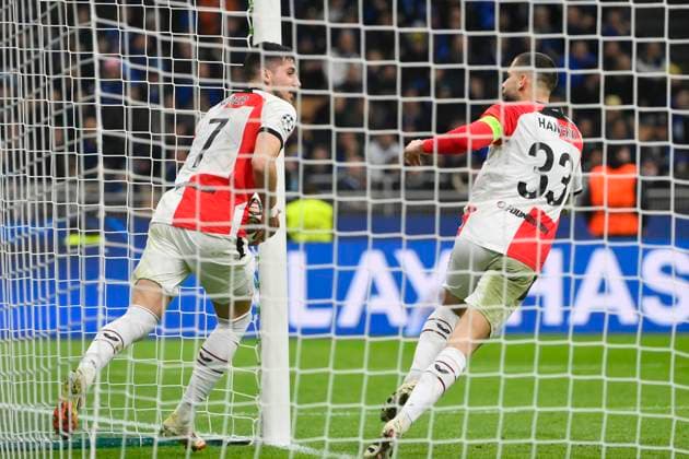 11th March 2025; Stadio San Siro, Milan, Italy, Champions League Football, Last 16, Second Leg, Inter Milan versus Feyenoord; Jakub Moder of Feyenoord celebrates scoring from a penalty kick for 1-1 in the 42nd minute  ActionPlus12759148 BestxImages