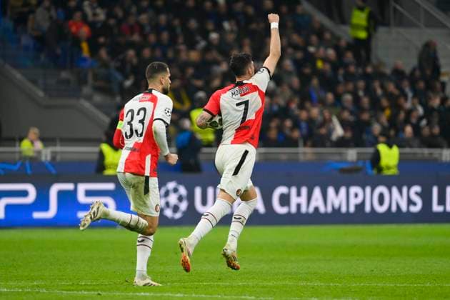 11th March 2025; Stadio San Siro, Milan, Italy, Champions League Football, Last 16, Second Leg, Inter Milan versus Feyenoord; Jakub Moder of Feyenoord celebrates scoring from a penalty kick for 1-1 in the 42nd minute  ActionPlus12759149 BestxImages