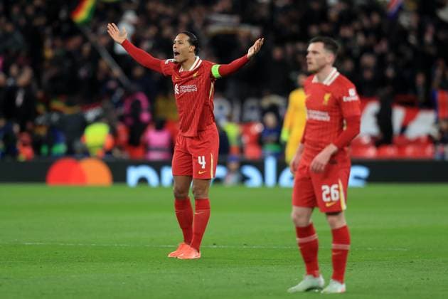 11th March 2025; Anfield, Liverpool, Merseyside, England; Champions League Last 16, Second Leg Football, Liverpool versus Paris Saint Germain; Virgil van Dijk of Liverpool reacts to play  ActionPlus12759214 DavidxBlunsden