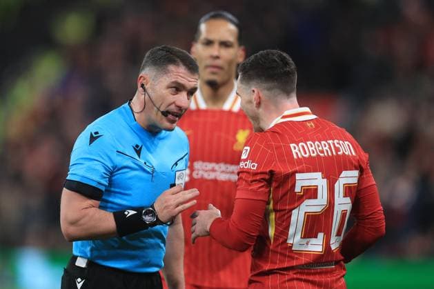 11th March 2025; Anfield, Liverpool, Merseyside, England; Champions League Last 16, Second Leg Football, Liverpool versus Paris Saint Germain; Andy Robertson of Liverpool protests a decision to referee Istvan Kovacs  ActionPlus12759224 DavidxBlunsden