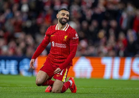 (250312) -- LIVERPOOL, March 12, 2025 -- Liverpool s Mohamed Salah reacts after missing a chance during the UEFA Champions League Round of 16 2nd Leg match between Liverpool FC and Paris Saint-Germain FC in Liverpool, Britain, on March 11, 2025. (SP)BRITAIN-LIVERPOOL-FOOTBALL-UEFA CHAMPIONS LEAGUE-LIVERPOOL FC VS PSG LixYing 