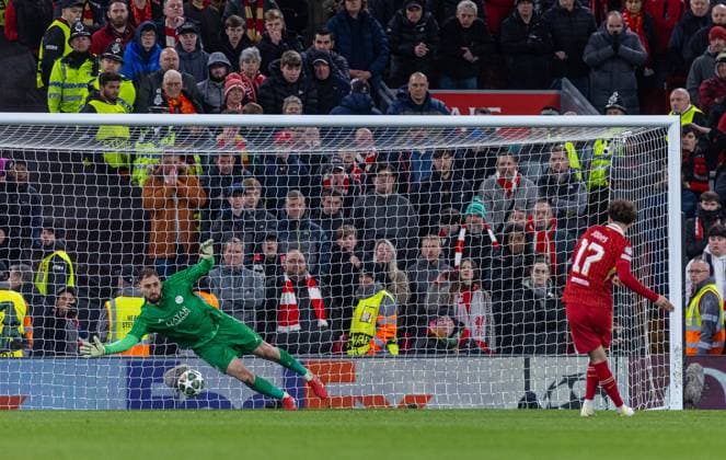 (250312) -- LIVERPOOL, March 12, 2025 -- Liverpool s Curtis Jones (R) sees his penalty saved by Paris Saint-Germain s goalkeeper Gianluigi Donnarumma during the UEFA Champions League Round of 16 2nd Leg match between Liverpool FC and Paris Saint-Germain FC in Liverpool, Britain, on March 11, 2025. (SP)BRITAIN-LIVERPOOL-FOOTBALL-UEFA CHAMPIONS LEAGUE-LIVERPOOL FC VS PSG LixYing 
