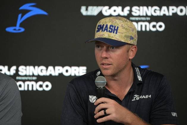(250312) -- SINGAPORE, March 12, 2025 -- Smash s Talor Gooch of The United States attends the pre-competition press conference, PK, Pressekonferenz of LIV Golf Singapore held at Sentosa Golf Club in Singapore on March 12, 2025. (Photo by Then Chih Wey Xinhua) (SP)SINGAPORE-GOLF-LIV GOLF-PRESS CONFERENCE XinxJiapo 