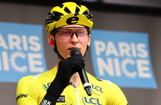 American Matteo Jorgenson of Team Visma-Lease a Bike pictured at the start of stage four of the 83th edition of the Paris-Nice cycling race, 163,4km from Vichy to La Loge des Gardes, France, Wednesday 12 March 2025. DAVIDxPINTENS  x114746041x