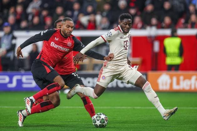 11 03 2025, Football, Season 2024 2025, Champions League, Round of 16, Bayer Leverkusen FC Bayern Munich, f l Jonathan Tah Bayer Leverkusen , Alphonso Davies FC Bayern Munich Leverkusen BayArena NRW Germany xRHR PHOTO TRx Copyright: TimxRehbein RHR-FOTOx RHR-FOTO TR