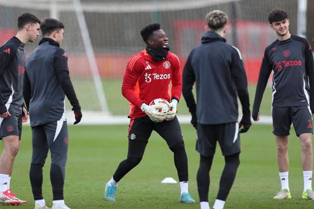 Manchester United, ManU Training Manchester United goalkeeper AndrÃ Onana (24) laughs during the Manchester United Training session ahead of the UEFA Europa League Round of 16, 2nd Leg match vs Real Sociedad, Carrington Training Centre, Manchester, England, United Kingdom on 12 March 2025 Credit: Phil Duncan Every Second Media Editorial use only. All images are copyright Every Second Media Limited. No images may be reproduced without prior permission. Copyright: xIMAGO EveryxSecondxMediax ESM-1364-0018 PhilxDuncanx xEveryxSecondxMediax