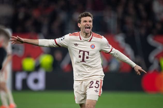Thomas MUELLER Müller, M Football UEFA Champions League round of 16 FC Bayern Muenchen Bayer 04 Leverkusen LEV FC Bayern Muenchen M 0 2 on 11 03 2025 , B A Y A R E N A Leverkusen Â