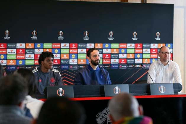 Manchester United, ManU Training Manchester United Manager Ruben Amorim Manchester United defender Patrick Dorgu (13) during the Manchester United press conference, PK, Pressekonferenz ahead of the UEFA Europa League Round of 16, 2nd Leg match vs Real Sociedad, Carrington Training Centre, Manchester, England, United Kingdom on 12 March 2025 Credit: Phil Duncan Every Second Media Editorial use only. All images are copyright Every Second Media Limited. No images may be reproduced without prior permission. Copyright: xIMAGO EveryxSecondxMediax ESM-1364-0042 PhilxDuncanx xEveryxSecondxMediax