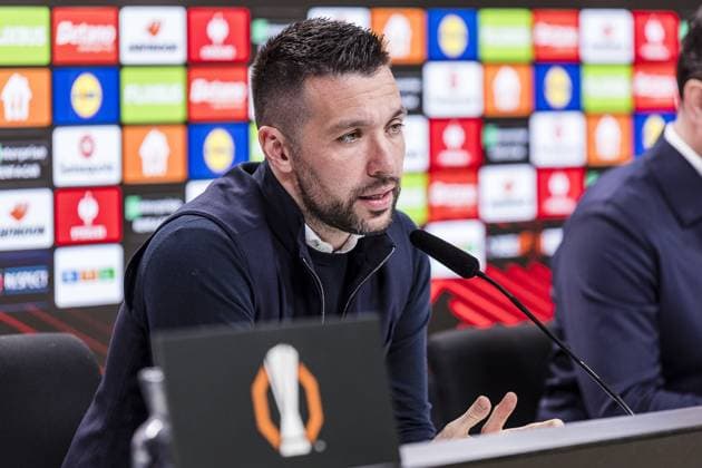 FRANKFURT, 12-03-2025. Deutsche Bank Park. 8th final Europa Leaguefootball, season, 2024 2025. press conference, PK, Pressekonferenz Ajax. Ajax Trainer Francesco Farioli. Press conference Ajax  x28283847x Copyright: