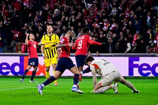 FOOTBALL : Lille vs Borussia Dortmund - Ligue des Champions - 12 03 2025 Jonathan David ( 9 - Lille ) celebrates after scoring during UEFA Champions League match between Lille OSC and Borussia Dortmund at Stade Pierre Mauroy on March 12, 2025 in Lille, France. ( Photo by Dante Badano PsnewZ ) - LilleFrance  Copyright: xDantexBadanox