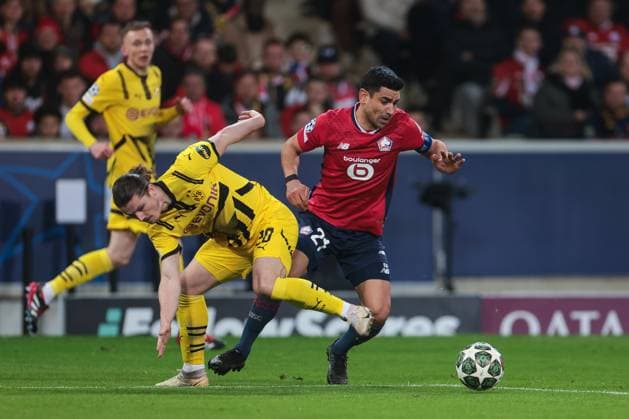 12 03 2025, UEFA Champions League, round of 16, Lille OSC Borussia Dortmund, f l Marcel Sabitzer Borussia Dortmund , Benjamin Andre LOSC Lille , Lille Stade Pierre Mauroy Decathlon Arena Paris xRHR PHOTO DEx Copyright: DennisxEwert RHR-FOTOx RHR-FOTO DE