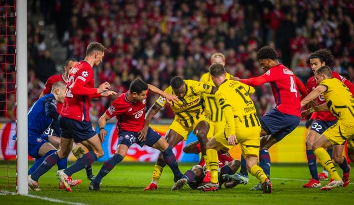 Lille, Germany 12th Mar 2025 Serhou Guirassy BvB Benjamin Andre Lille Alexsandro Ribeiro Lille Pascal Gross BvB OSC Lille Borussia Dortmund 12 03 2025