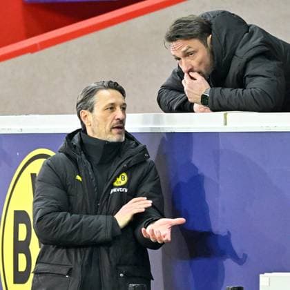 Lille, Stade Pierre Mauroy, 12 03 25, FRA, Men, UEFA Champions League, Season 2024 2025, Round of 16, OSC Lille Borussia Dortmund Picture from left Coach Niko KOVAC Dortmund and Co-Coach Robert KOVAC Dortmund UEFA regulations prohibit any use of photographs as image sequences and or quasi video Hauts de France France
