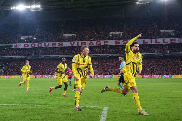 12 03 2025, UEFA Champions League, round of 16, Lille OSC Borussia Dortmund, f l Maximilian Beier Borussia Dortmund , Emre Can Borussia Dortmund celebrate the goal to 1 1, Lille Stade Pierre Mauroy Decathlon Arena Paris xRHR PHOTO DEx Copyright: DennisxEwert RHR-FOTOx RHR-FOTO DE