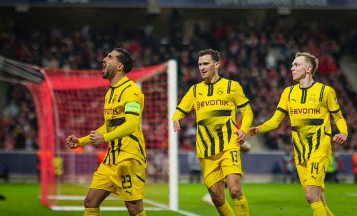 Lille, Germany 12th Mar 2025 Goal celebration Emre Can BvB Pascal Gross BvB Maximilian Beier BvB OSC Lille Borussia Dortmund 12 03 2025