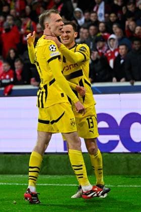 Lille, Stade Pierre Mauroy, 12 03 25, FRA, Men, UEFA Champions League, Season 2024 2025, Round of 16, OSC Lille Borussia Dortmund Picture Maximilian BEIER Dortmund cheers after his goal for 1 2 UEFA regulations prohibit any use of photographs as image sequences and or quasi video Hauts de France France