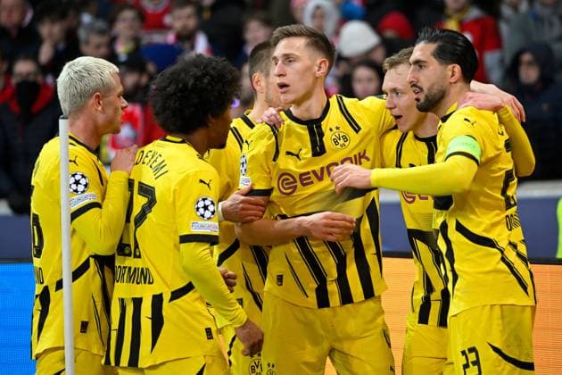 Lille, Stade Pierre Mauroy, 12 03 25, FRA, Men, UEFA Champions League, Season 2024 2025, Round of 16, OSC Lille Borussia Dortmund Picture Maximilian BEIER Dortmund cheers after his goal for 1 2 UEFA regulations prohibit any use of photographs as image sequences and or quasi video Hauts de France France
