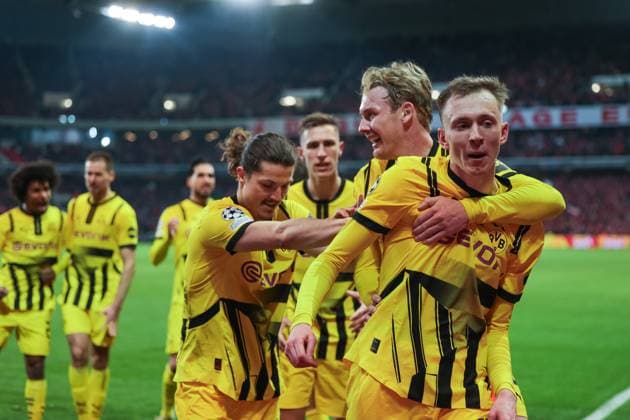 12 03 2025, UEFA Champions League, round of 16, Lille OSC Borussia Dortmund, Maximilian Beier Borussia Dortmund celebrates the goal for 1 2, Lille Stade Pierre Mauroy Decathlon Arena Paris xRHR PHOTO DEx Copyright: DennisxEwert RHR-FOTOx RHR-FOTO DE