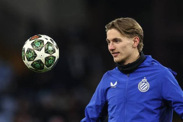 Club s Romeo Vermant pictured in action during the warming-up for a game between English club Aston Villa and Belgian soccer Club Brugge KV, Wednesday 12 March 2025 in Birmingham, United Kingdom, the second leg of the 1 8 finals of the UEFA Champions League knockout phase. BRUNOxFAHY  x114806491x