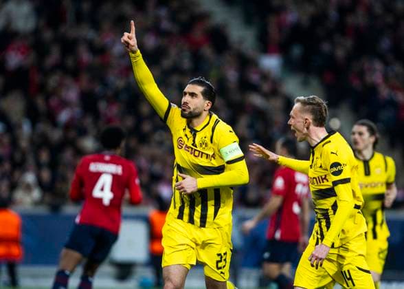 Lille, Stade Pierre Mauroy, 12 03 2025 Emre Can of Dortmund celebrates scoring the 1 1 goal with Maximilian Beier of Dortmund during the match of the Championsleague Round 16 between Lille OSC v Borussia Dortmund