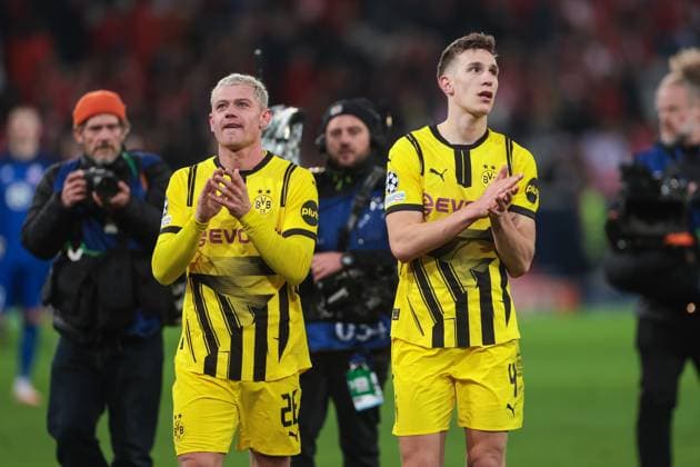 12 03 2025, UEFA Champions League, round of 16, Lille OSC Borussia Dortmund, f l Julian Ryerson Borussia Dortmund , Nico Schlotterbeck Borussia Dortmund rejoice, Lille Stade Pierre Mauroy Decathlon Arena Paris xRHR PHOTO DEx Copyright: DennisxEwert RHR-FOTOx RHR-FOTO DE