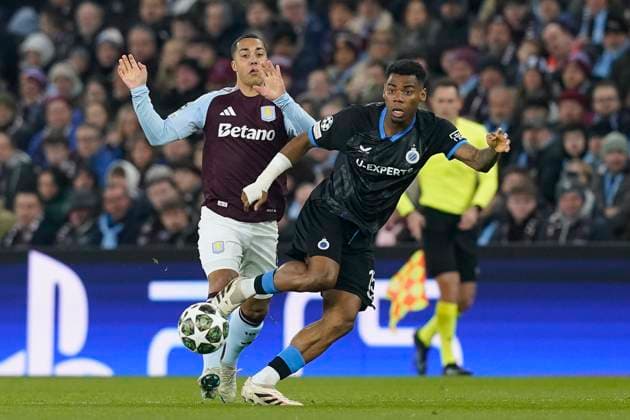 Birmingham, England, 12th March 2025. Youri Tielemans of Aston Villa and Raphael Onyedika of Club Brugge challenge for the ball during the UEFA Champions League match Aston Villa v Club Brugge at Villa Park, Birmingham. Picture credit should read: Andrew Yates Sportimage EDITORIAL USE ONLY. No use with unauthorised audio, video, data, fixture lists, club league logos or live services. Online in-match use limited to 120 images, no video emulation. No use in betting, games or single club league player publications. SPI_018_AY_Villa_Brugge SPI-3740-0018