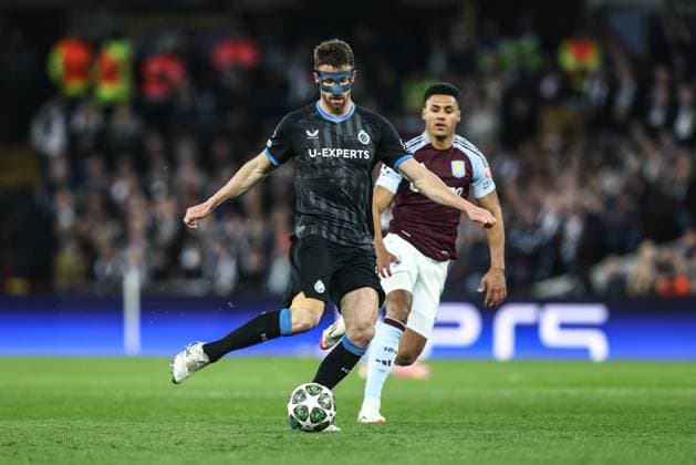 Club s Brandon Mechele pictured in action during a game between English club Aston Villa and Belgian soccer Club Brugge KV, Wednesday 12 March 2025 in Birmingham, United Kingdom, the second leg of the 1 8 finals of the UEFA Champions League knockout phase. BRUNOxFAHY  x114809485x