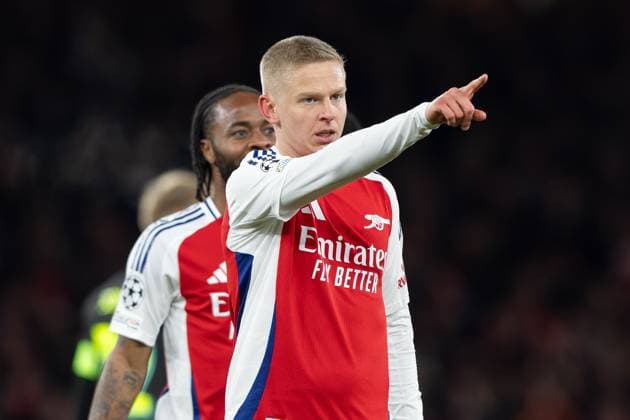 12th March 2025; Emirates Stadium, London, England; UEFA Champions League Last 16, Second Leg Football, Arsenal versus PSV Eindhoven; Oleksandr Zinchenko of Arsenal scores Arsenal& x2019;s first goal for 1-0 and celebrates in the 6th minute  ActionPlus12759343 IanxStephen