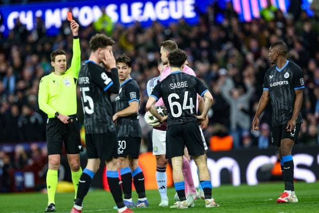 Club s Kyriani Sabbe receives a red card from the referee during a game between English club Aston Villa and Belgian soccer Club Brugge KV, Wednesday 12 March 2025 in Birmingham, United Kingdom, the second leg of the 1 8 finals of the UEFA Champions League knockout phase. BRUNOxFAHY  x114810228x
