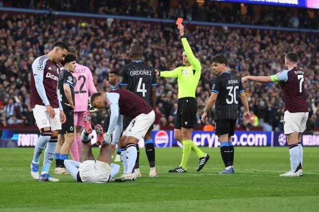 Kyriani Sabbe of Club Brugge fouls Marcus Rashford of Aston Villa and is sent off Aston Villa v Club Brugge, UEFA Champions League, Round of 16, Second Leg, Football, Villa Park, Birmingham, UK - 12 Mar 2025 EDITORIAL USE ONLY No use with unauthorised audio, video, data, fixture lists, club league logos or live services. Online in-match use limited to 120 images, no video emulation. No use in betting, games or single club league player publications. Copyright: xPaulxCurrie Shutterstockx 15188183ad