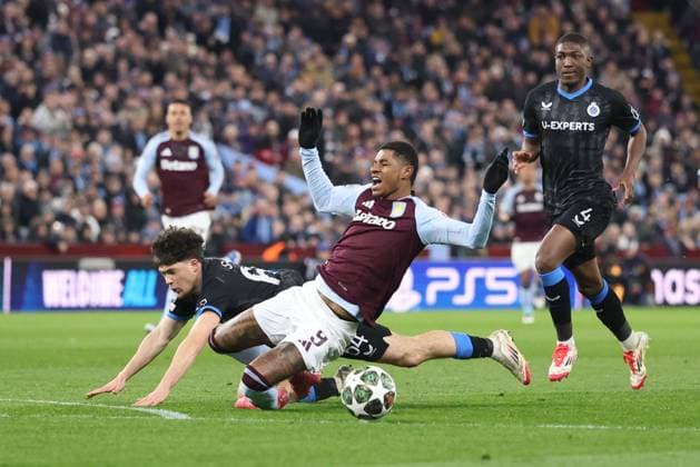Kyriani Sabbe of Club Brugge fouls Marcus Rashford of Aston Villa and is sent off Aston Villa v Club Brugge, UEFA Champions League, Round of 16, Second Leg, Football, Villa Park, Birmingham, UK - 12 Mar 2025 EDITORIAL USE ONLY No use with unauthorised audio, video, data, fixture lists, club league logos or live services. Online in-match use limited to 120 images, no video emulation. No use in betting, games or single club league player publications. Copyright: xPaulxCurrie Shutterstockx 15188183z