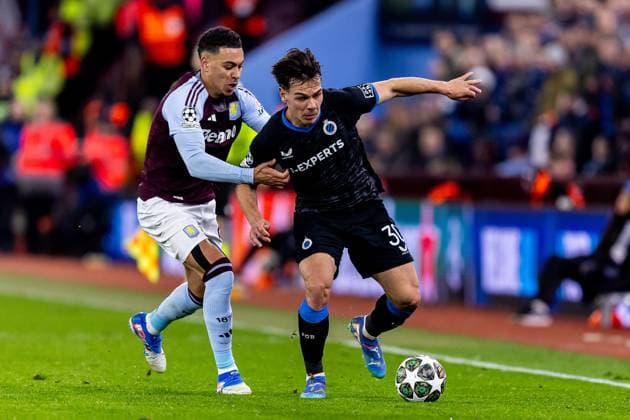 Aston Villa v Club Brugge Champions League 12 03 2025. Club Brugge midfielder Ardon Jashari (30) battles for possession with Aston Villa midfielder Morgan Rogers (27) during the Champions League match between Aston Villa and Club Brugge at Villa Park, Birmingham, England on 12 March 2025. Birmingham Villa Park West Midlands England Editorial use only , Copyright: xManjitxNarotrax PSI-21631-0026