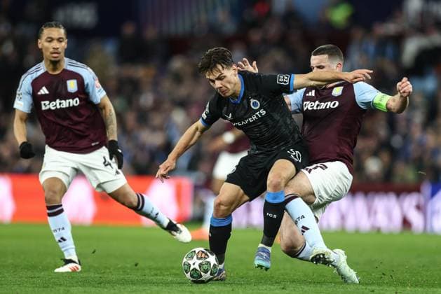 Club s Ardon Jashari and Aston Villa s John McGinn fight for the ball during a game between English club Aston Villa and Belgian soccer Club Brugge KV, Wednesday 12 March 2025 in Birmingham, United Kingdom, the second leg of the 1 8 finals of the UEFA Champions League knockout phase. BRUNOxFAHY  x114813062x
