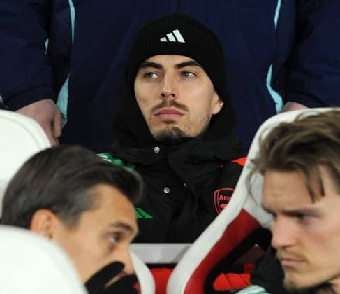 Football - 2024 2025 UEFA Champions League - Round of Sixteen - Second Leg - Arsenal vs PSV Eindhoven - Emirates Stadium - Wednesday 12th March 2025 The injured Kai Havertz of Arsenal 