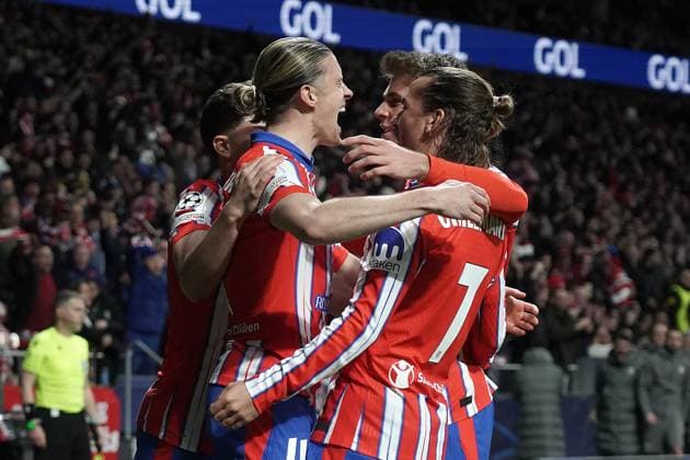 ATLETICO DE MADRID v REAL MADRID CF. CHAMPIONS LEAGUE 2024 2025. ROUND OF 16. 2ND LEG MATCH. Atletico de Madrid s Julian Alvarez, Conor Gallagher, Pablo Barrios and Antoine Griezmann celebrate goal during Champions League 2024 2025 Round of 16 2nd leg match. March 12,2025. (ALTERPHOTOS Acero) MadridSpain  Copyright: xAcerox
