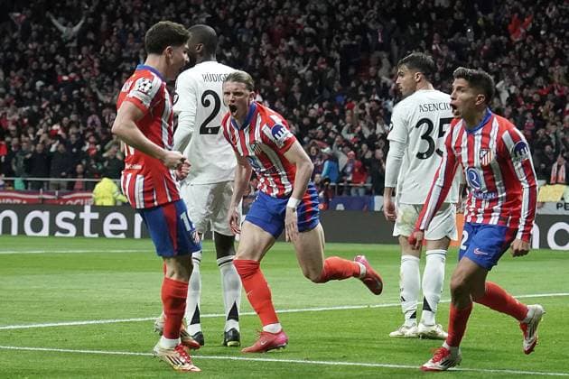 ATLETICO DE MADRID v REAL MADRID CF. CHAMPIONS LEAGUE 2024 2025. ROUND OF 16. 2ND LEG MATCH. Atletico de Madrid s Julian Alvarez, Conor Gallagher and Giuliano Simeone celebrate goal during Champions League 2024 2025 Round of 16 2nd leg match. March 12,2025. (ALTERPHOTOS Acero) MadridSpain  Copyright: xAcerox