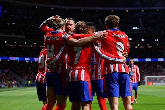 March 12, 2025, Madrid, Madrid, SPAIN: Conor Gallagher of Atletico de Madrid celebrates a goal with teammates during the UEFA Champions League 2024 25 League Round of 16 Second Leg match between Atletico de Madrid and Real Madrid CF, at Riyadh Air Metropolitano stadium on March 12, 2025, in Madrid, Spain. Madrid SPAIN - ZUMAa181 20250312_zaa_a181_091 Copyright: xDennisxAgyemanx
